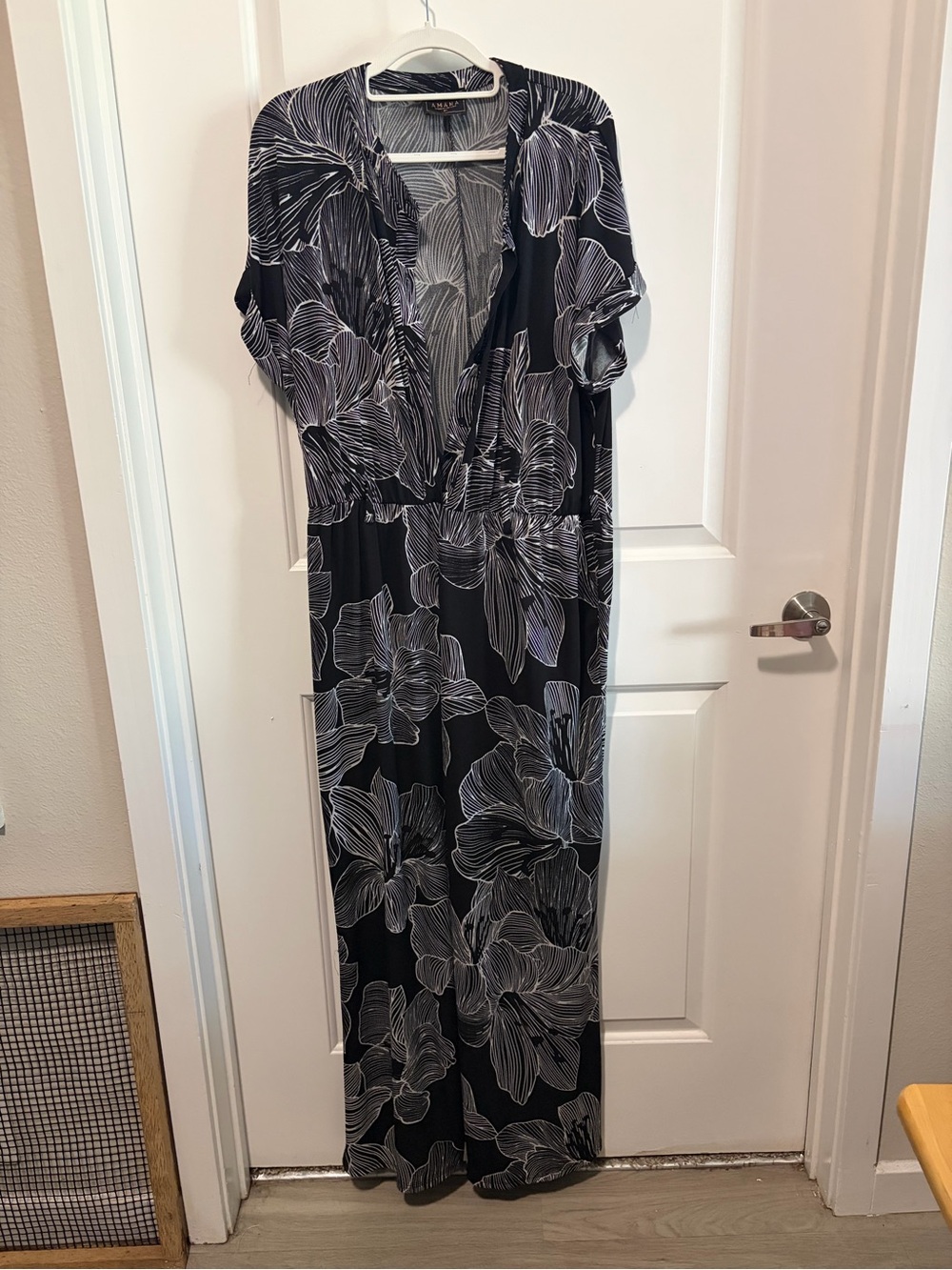 Black Floral Jumpsuit with White Linework - Women's Romper